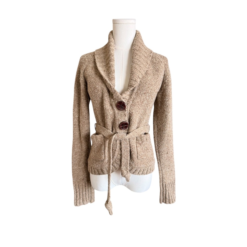 Pink Tartan Tan Marled Wool Blend Belted Shawl Collar Cardigan Sweater Size M